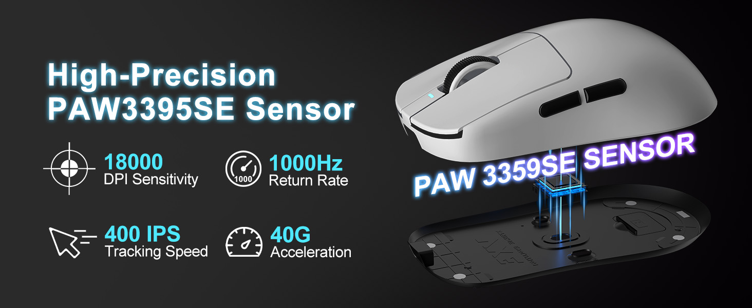Wireless Gaming Mouse, 18000 DPI, High-Precision PAW3395 SE Sensor,55g Lightweight, Tri-Mode 2.4G/BT