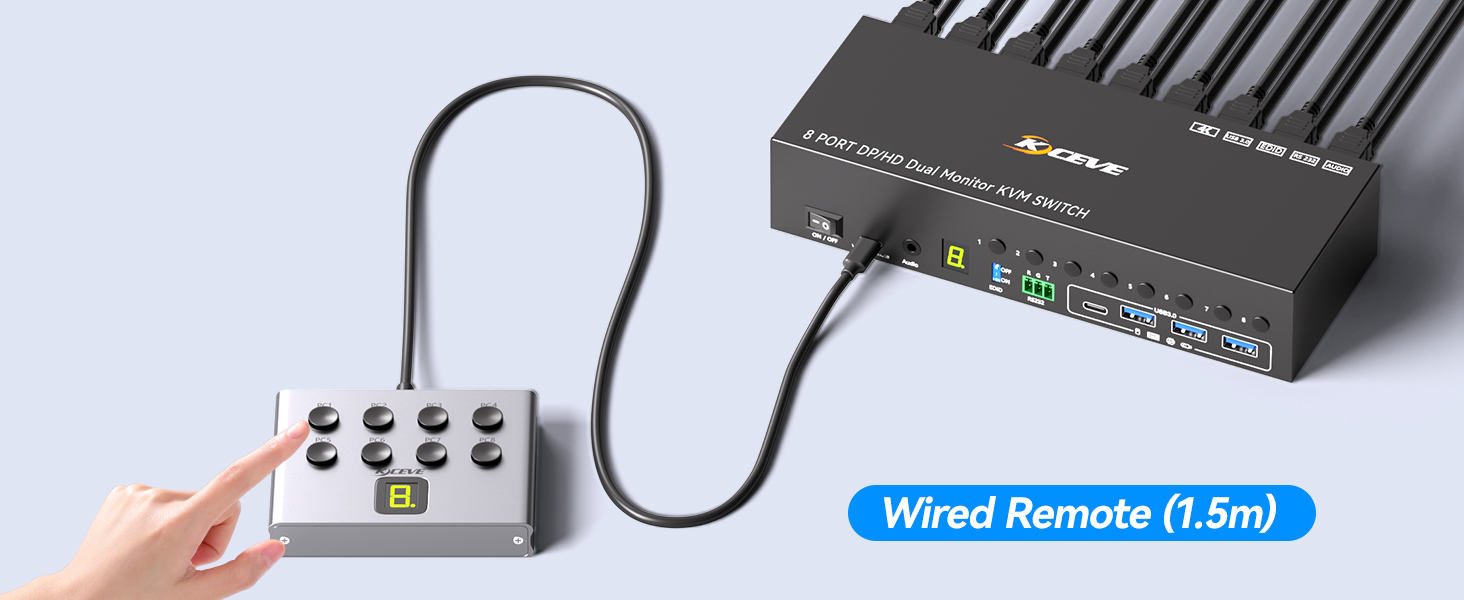 This 8 ports HDMI displayport KVM switch supports three switching modes: 1.Wired remote (length: 1.5