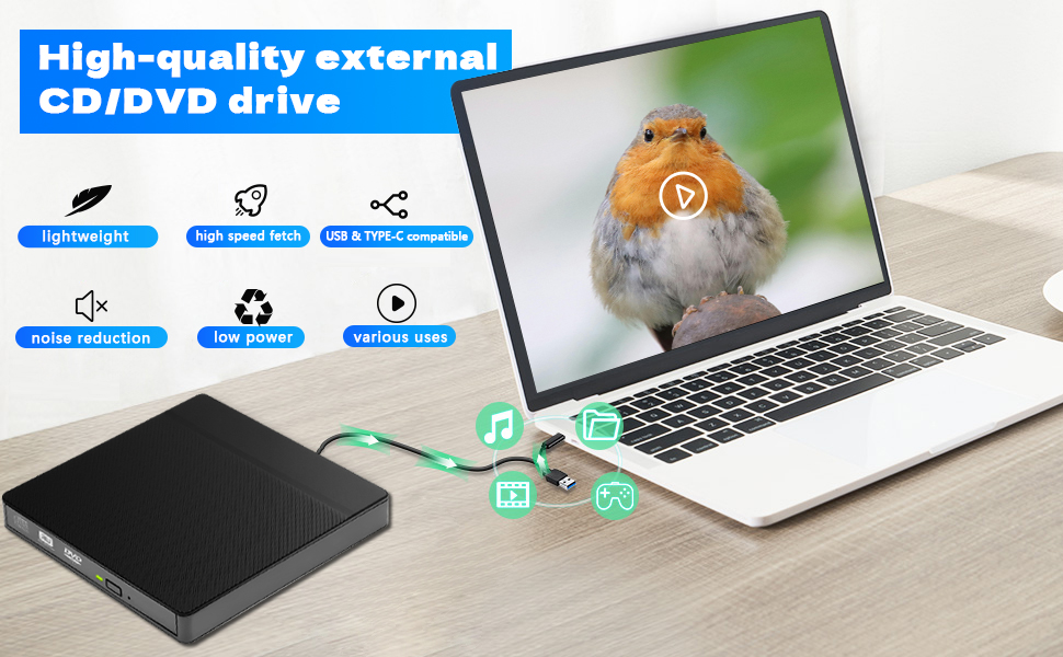 AUTYUE External CD/DVD Drives, USB 3.0 & Type-C CD DVD Burner Portable CD +/-RW Drive DVD Player for