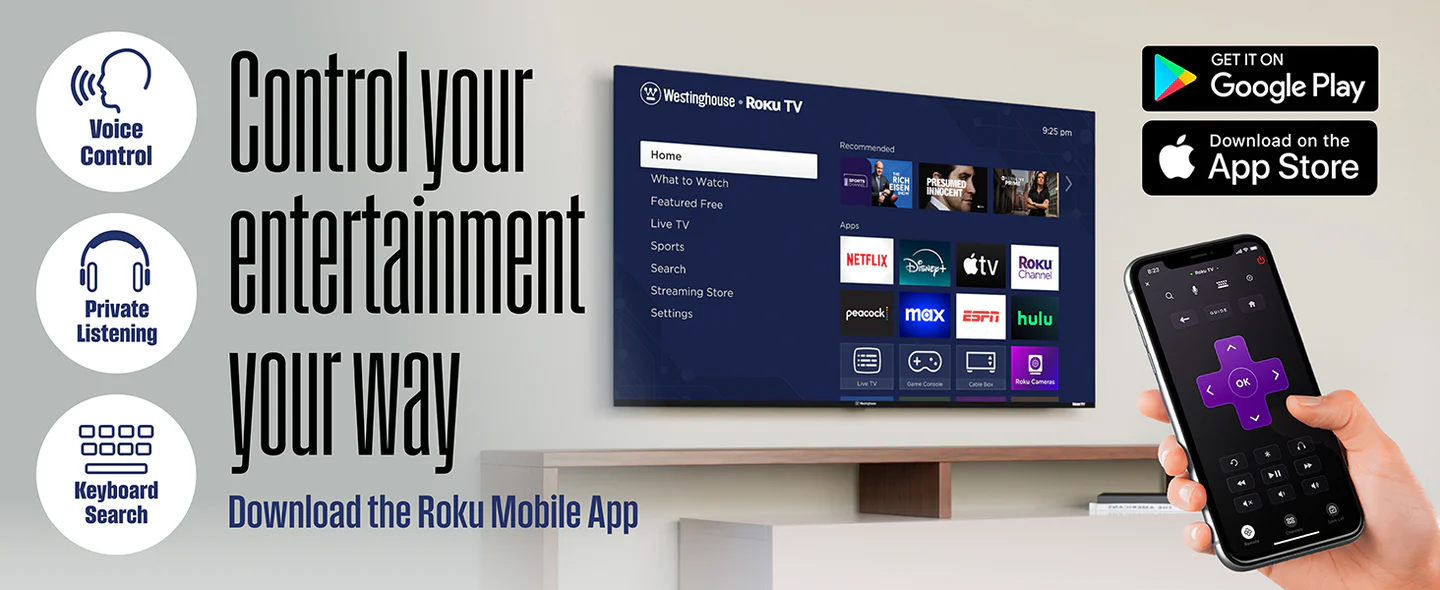 Westinghouse Smart Roku TV, HD QLED, Dolby Digital+, Wi-Fi, Bluetooth, AirPlay, Alexa & Google Assistant