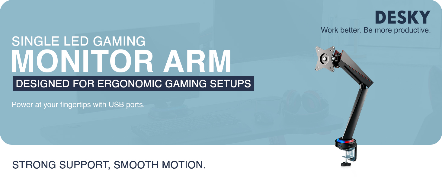 single monitor arm, LED monitor arm, RGB monitor arm, gaming monitor arm, VESA mount, ergonomic
