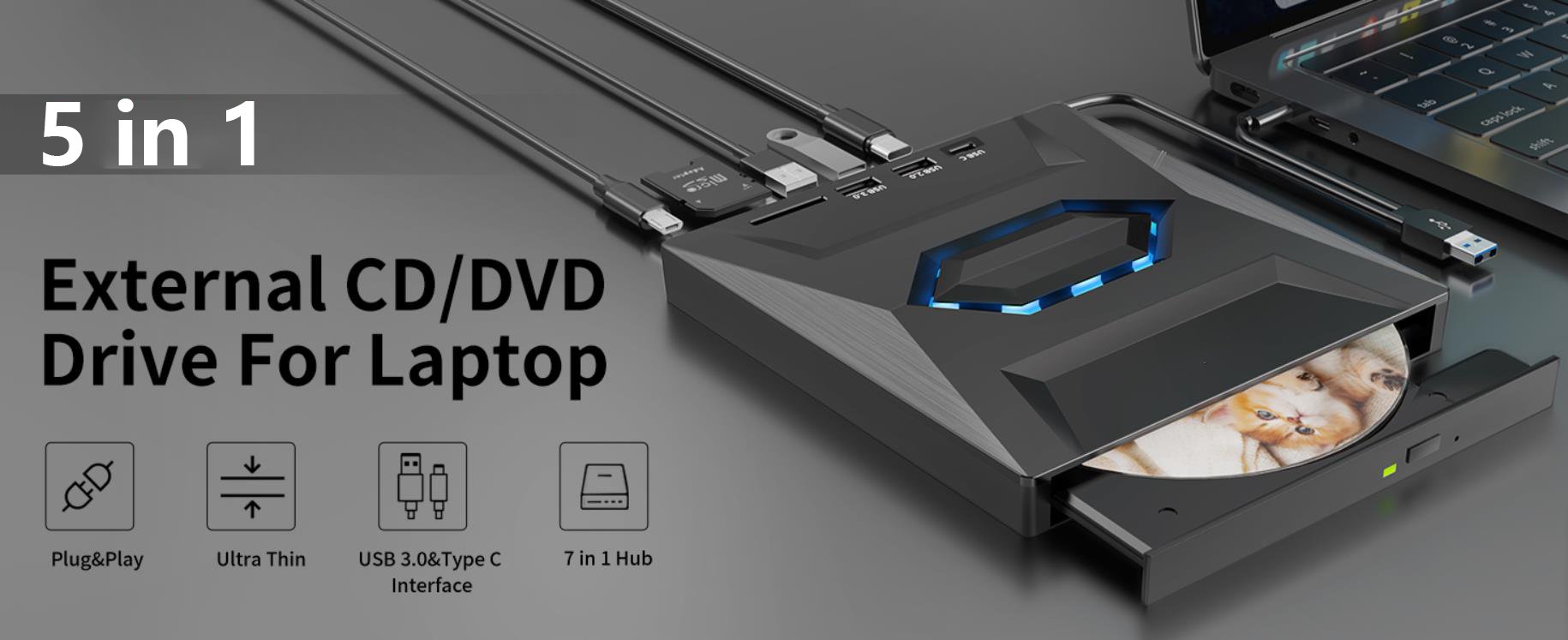 5 in 1 USB 3.0 & USB C Portable CD/DVD +/-RW Burner DVD Player for Laptop with SD Card Reader USB 3.