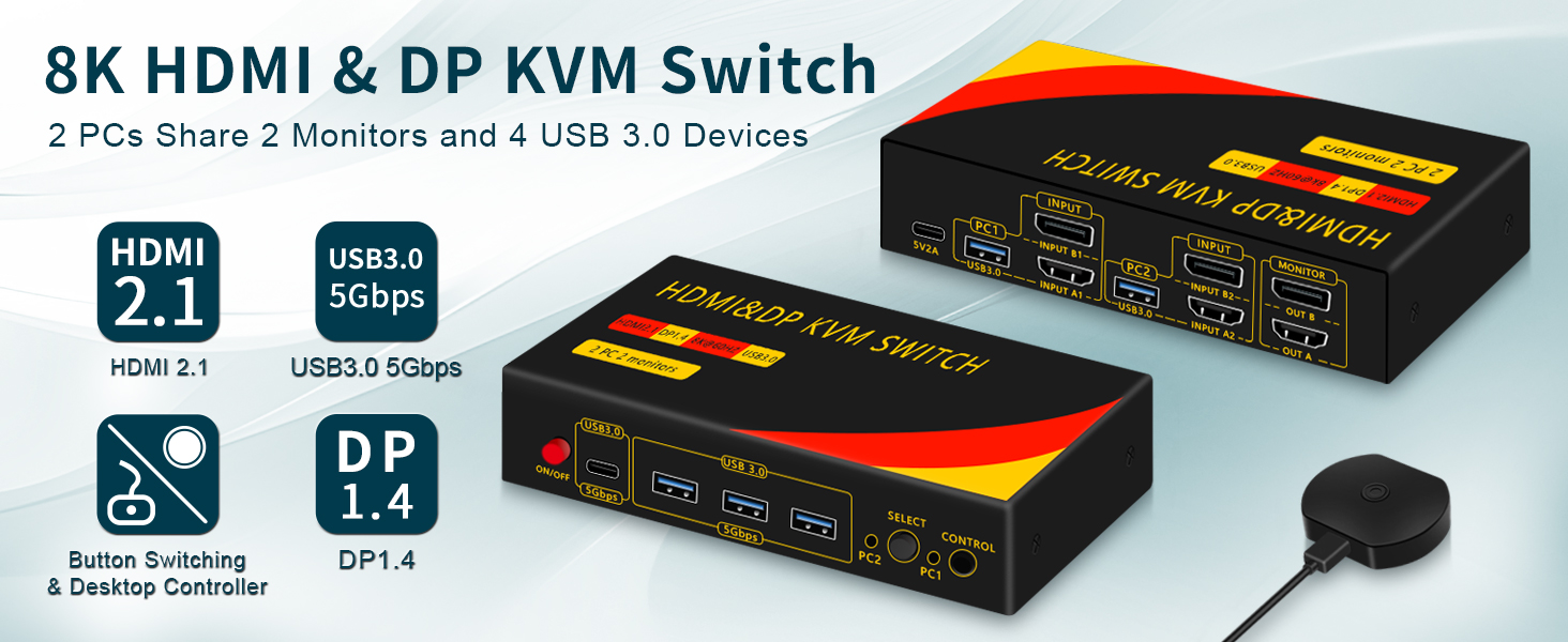 Dual Monitor HDMI + Displayport Switch 2 Monitors 2 Computers, DP HDMI KVM Switch 8K@60Hz for 2 PCs