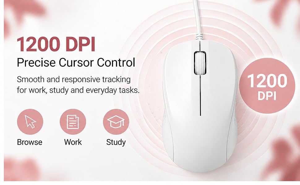Silent Wired Mouse, 1200 DPI Ergonomic USB Computer Wired Mouse for Office & Home, Plug & Play, Wire