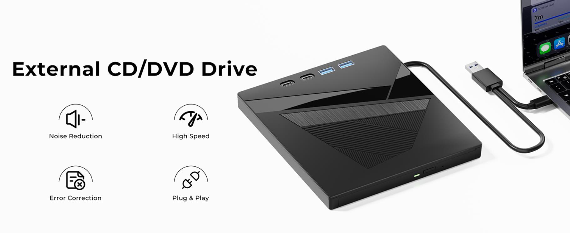 External DVD Drive, 7-in-1 External CD/DVD Drive for Laptop, USB DVD Burner with SD/TF Port, USB 3.0