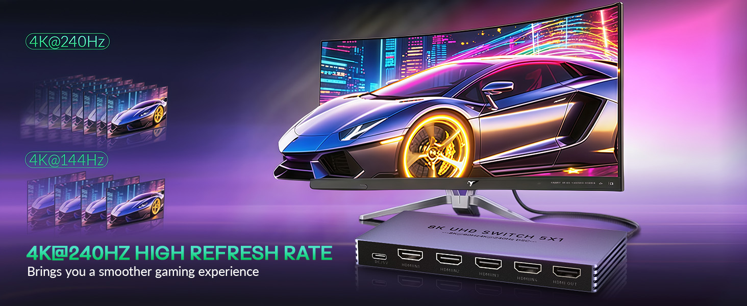 This high-performance 5-port HDMI switch allows seamless connectivity for up to 5 devices like P