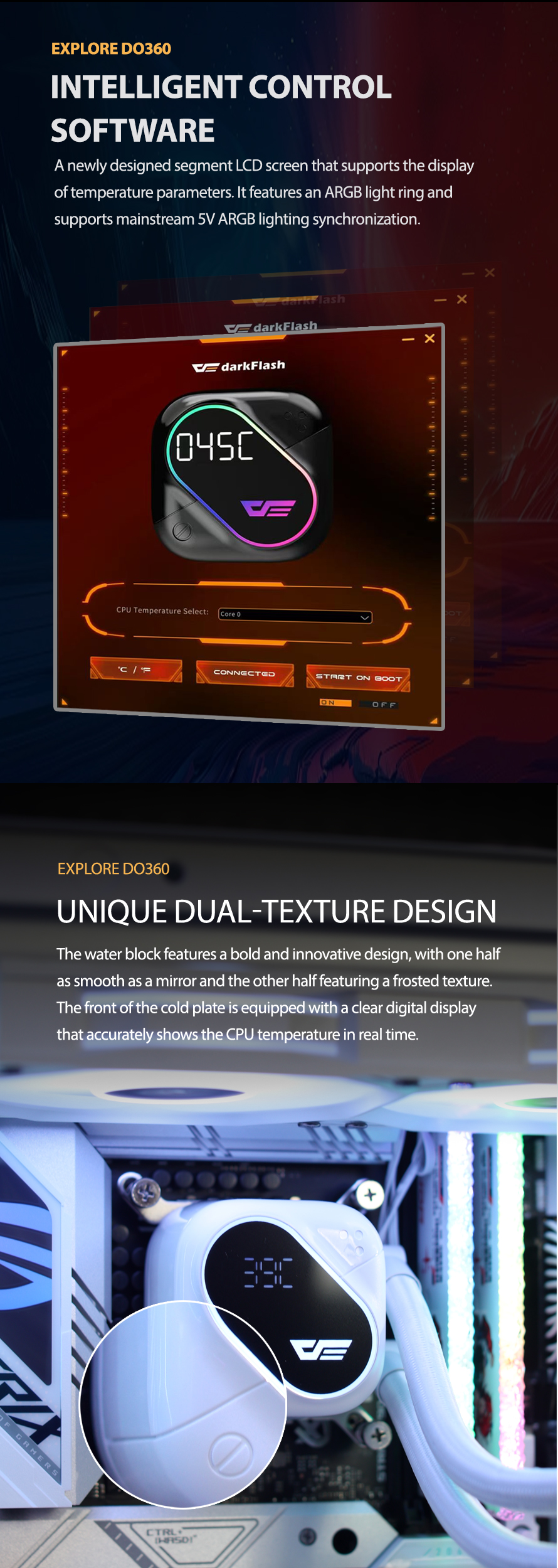 darkFlash EXPLORE DO360 360mm AIO Liquid CPU Cooler Segment LCD Display 5V ARGB Lighting Coppe