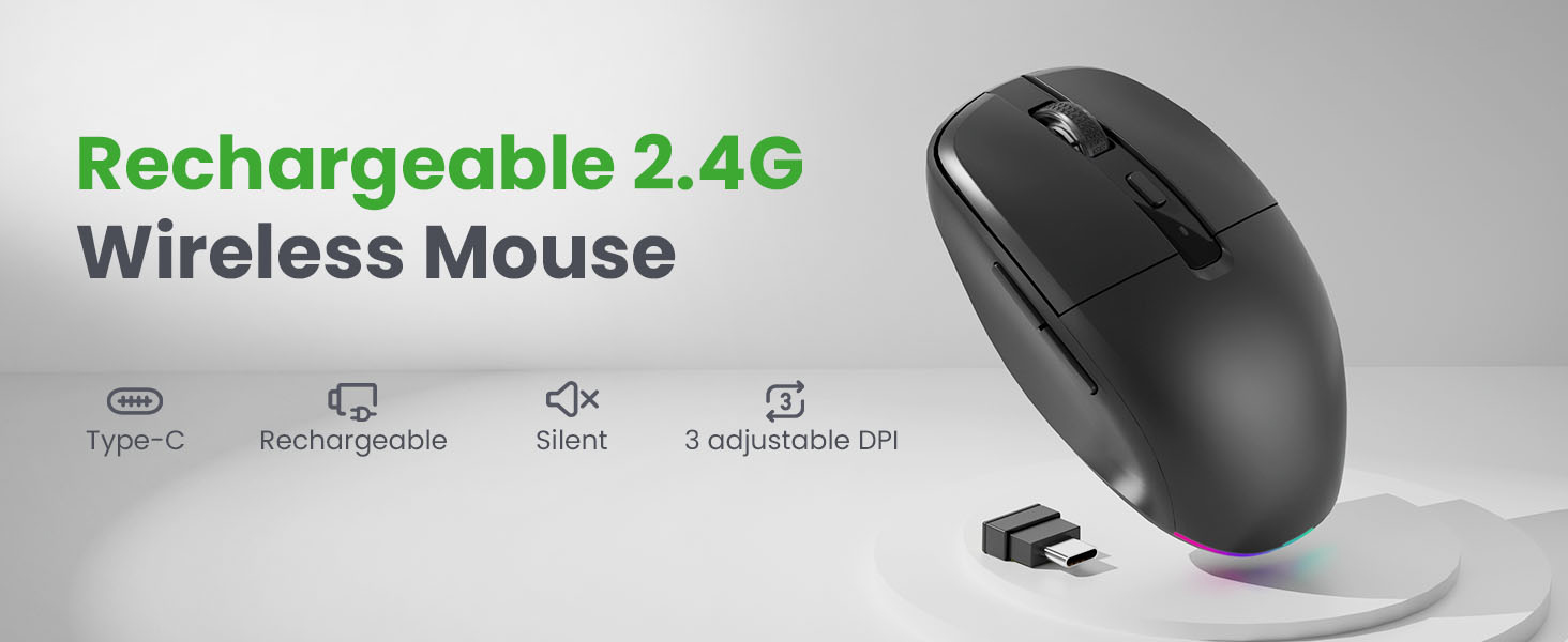 Type C Rechargeable Wireless Mouse, 2.4G USB C RGB Lighting Computer Mice Silent Click, Ergonomic De