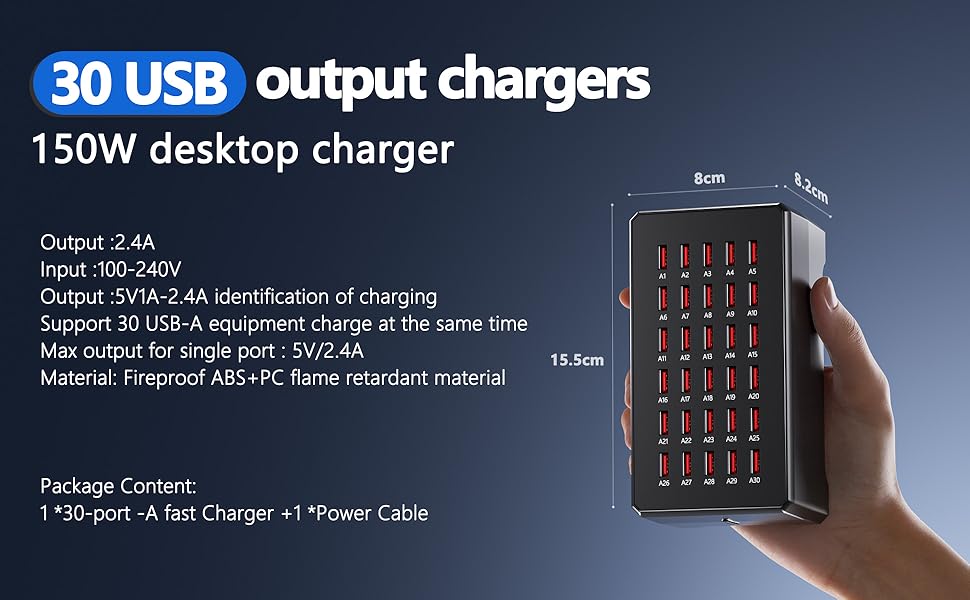 30 Ports Multiple USB Charger Station, 150W/30A Multi USB Charging Station Compatible with iPhone/iP