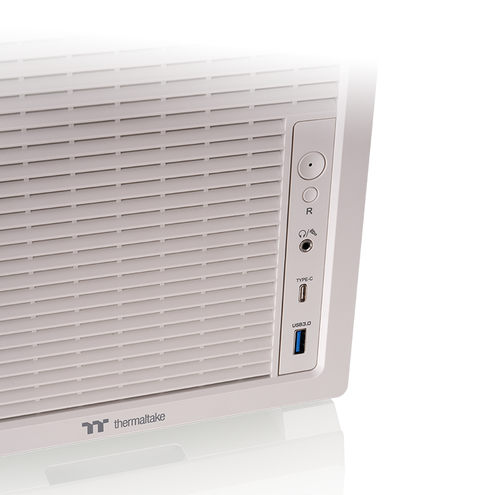Thermaltake Retro 360 front I/O panel featuring USB Type-C, USB 3.0, HD Audio jack, power button and reset button