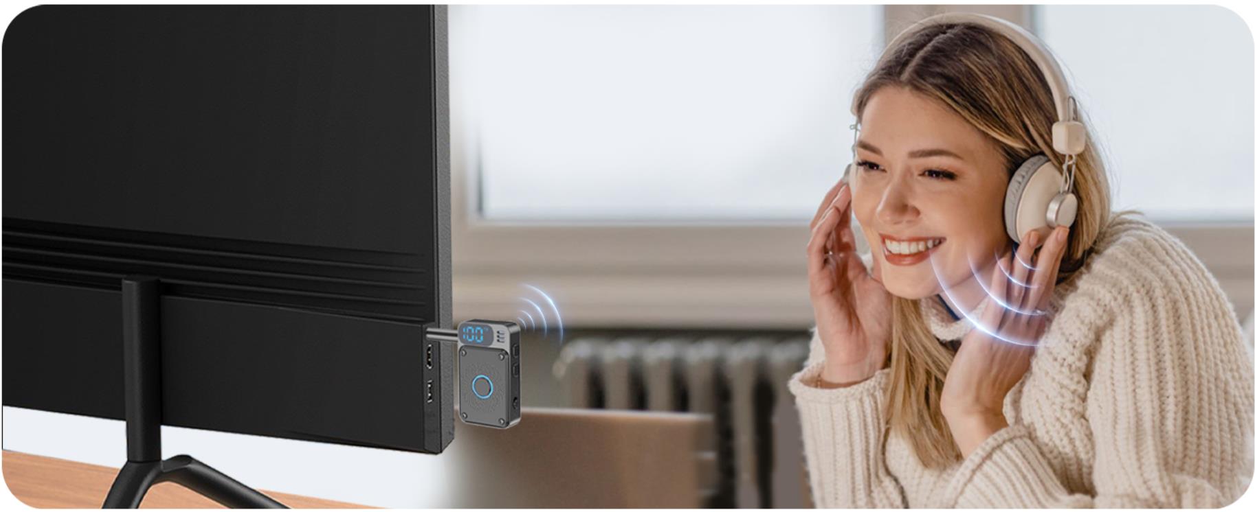 Bluetooth Transmitter for TV Plugging Bluetooth adapter into the TVs audio AUX output port to trans