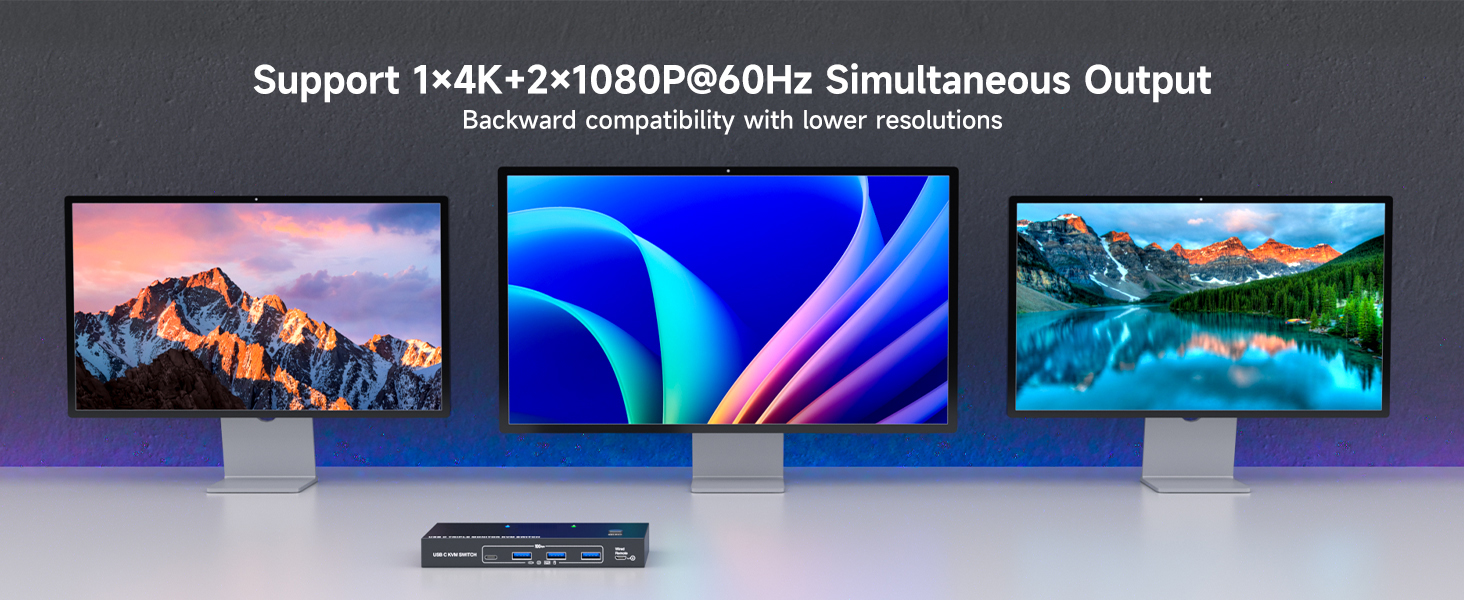 AUTYUE USB C KVM Switch 3 Monitors 2 PCs 4K/1080P@60Hz,USB-C Triple Monitor KVM Switches