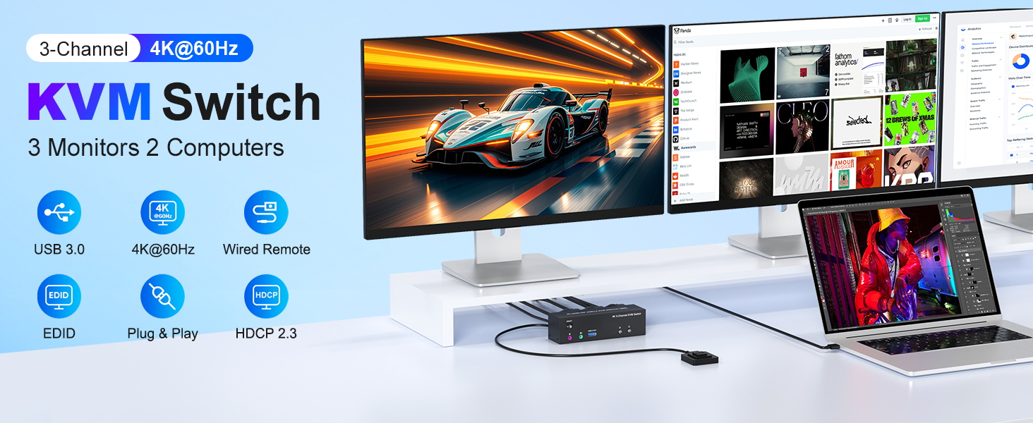 4K KVM Switch 3 Monitors 2 Computers Triple Monitor Displayport + 2 HDMI USB 3.0 KVM Switches