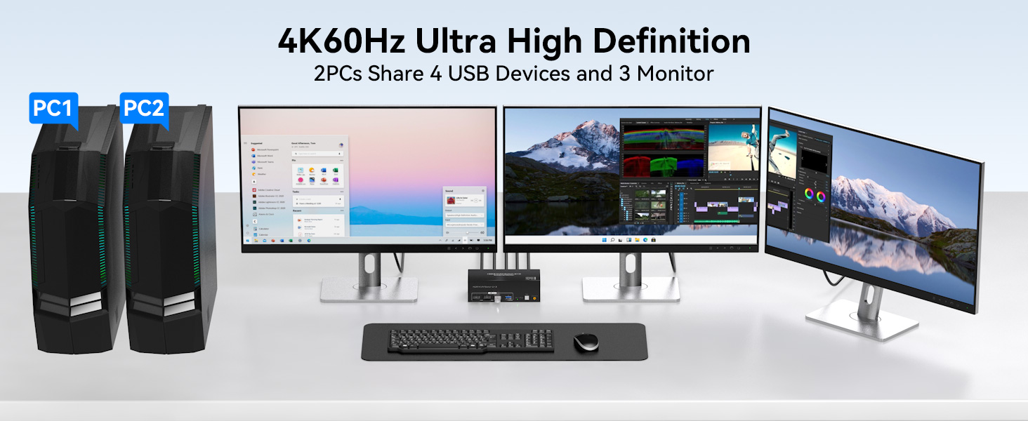 8K Triple Monitor HDMI KVM Switch 3 Monitors 2 Computers 4K@60Hz KVM Switches with 4 USB 3.0 Ports