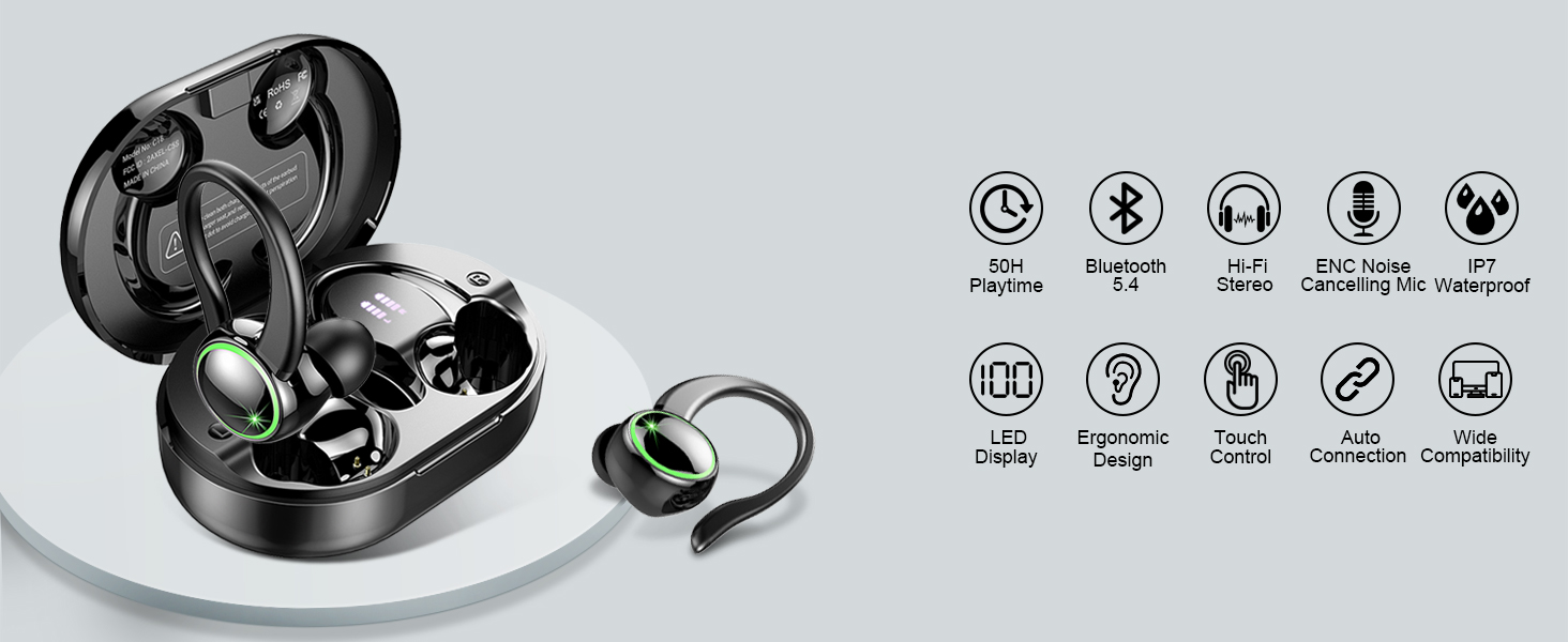 True Wireless Earbuds, Sports Bluetooth 5.4 Headphones, 4 ENC Noise Canceling Mic