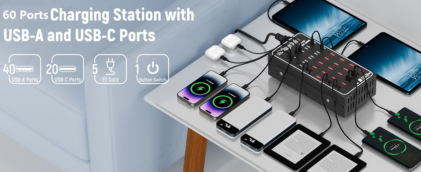 Multiple USB Charging Station, 60 Ports USB (40 USB A & 20 USB C Port), 300W (60A) Fast USB Charger