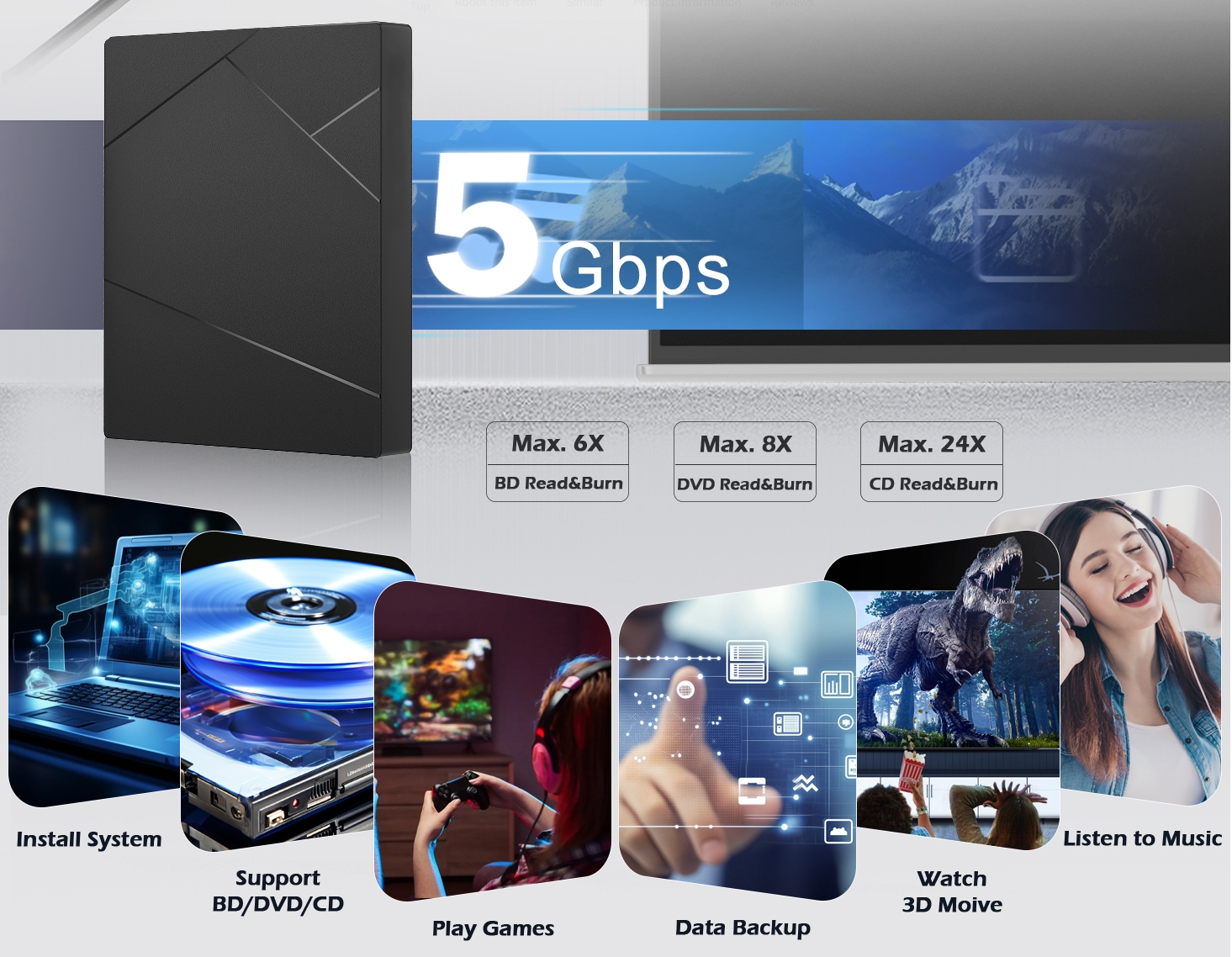 External Blu-ray Drive, External Blueray CD/DVD Drive for PC External Blu Ray CD Burner USB 3.0 Type