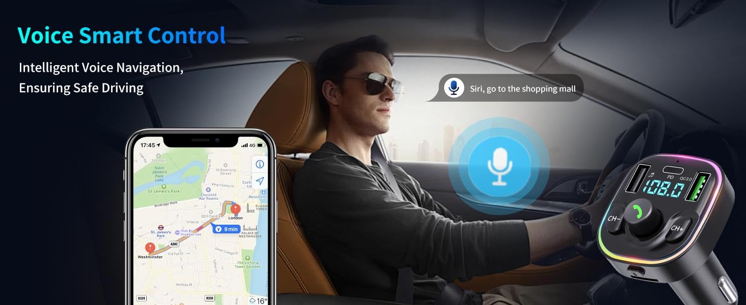 Bluetooth 5.4 FM Transmitter Car Adapter - Car Bluetooth Adapter with Fast Charger