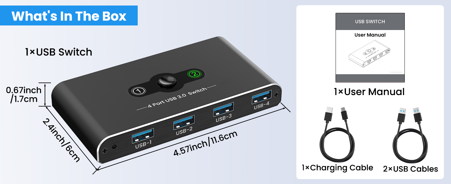 4 Port USB 3.0 Switch, USB 3.0 Switch 2 Computers Sharing 4 USB Devices, 5Gbps High-speed, 2 in 4 ou