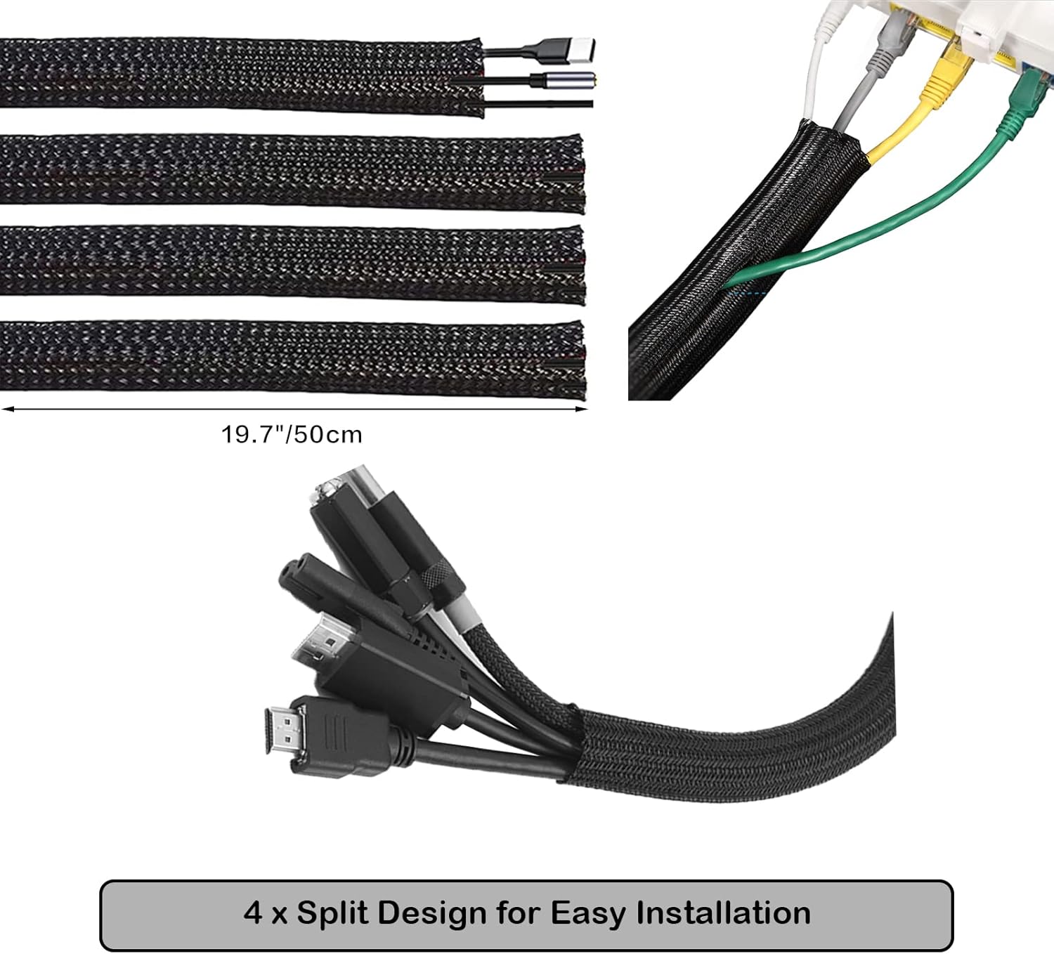 4 split cable sleeve 25 x Self Black Adhesive Cable Clip Holder (4 different styles) 10 x Reusable H