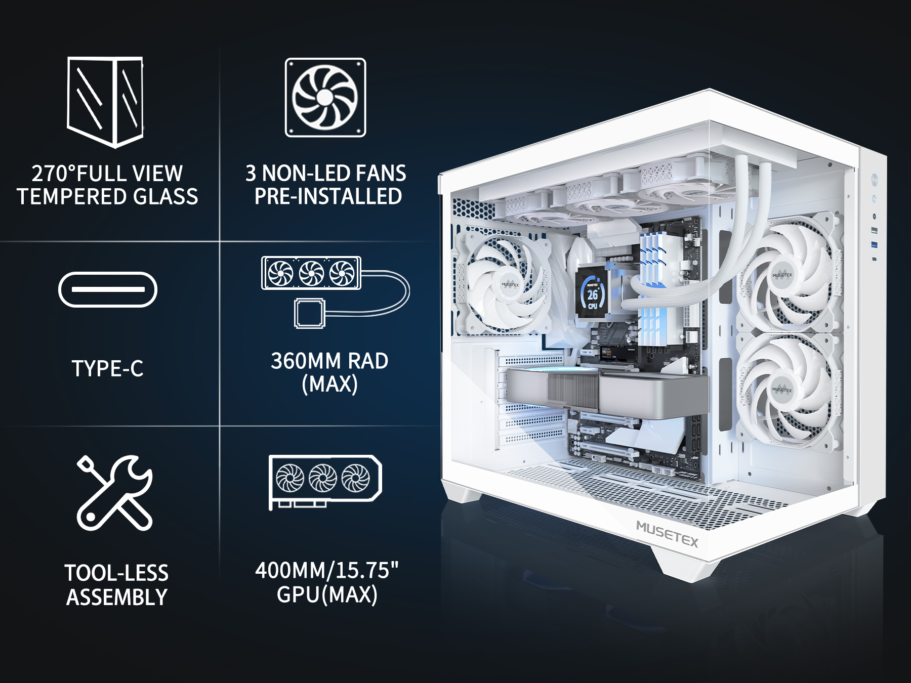 MUSETEX ATX PC Case, 360MM RAD Support, 3 x 120mm Fans Pre MUSETEX ATX PC Case, 360MM RAD Support, 3 x 120mm Fans Pre