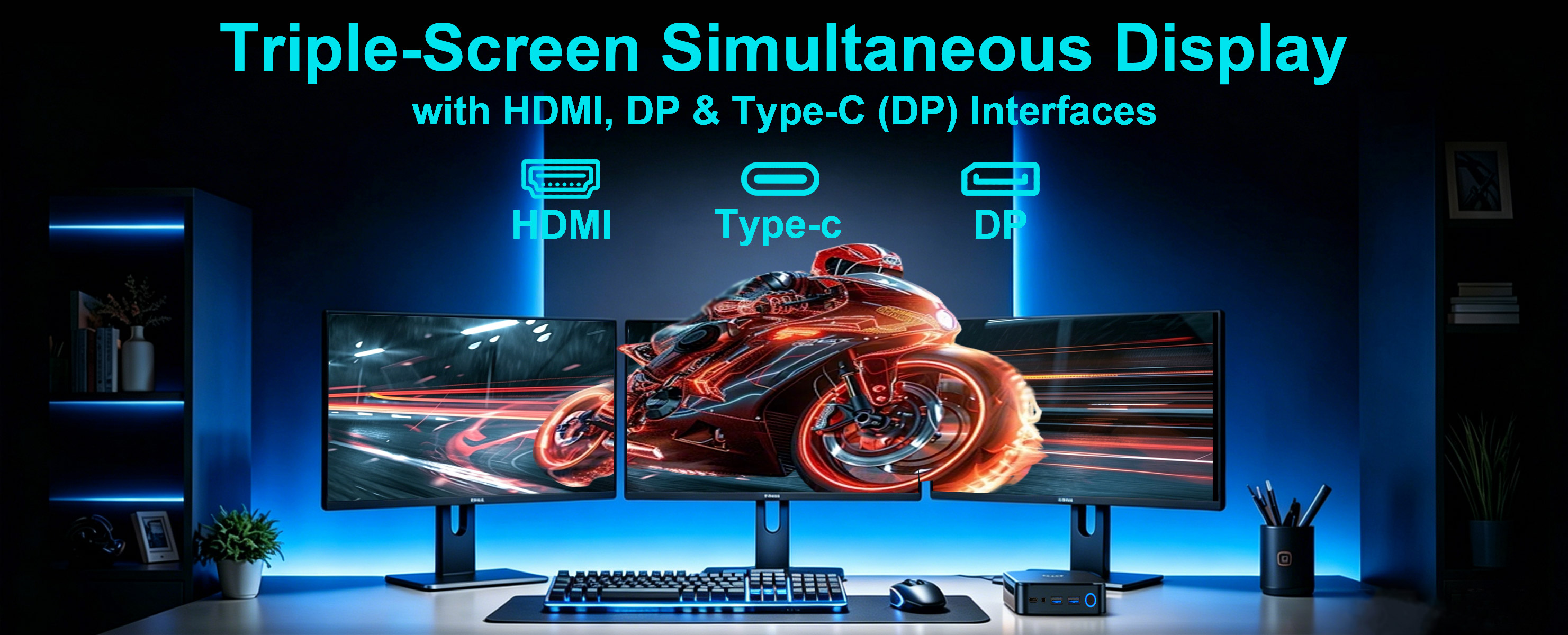 Triple-Screen Display mit HDMI, DP und USB-C für effizientes Multitasking