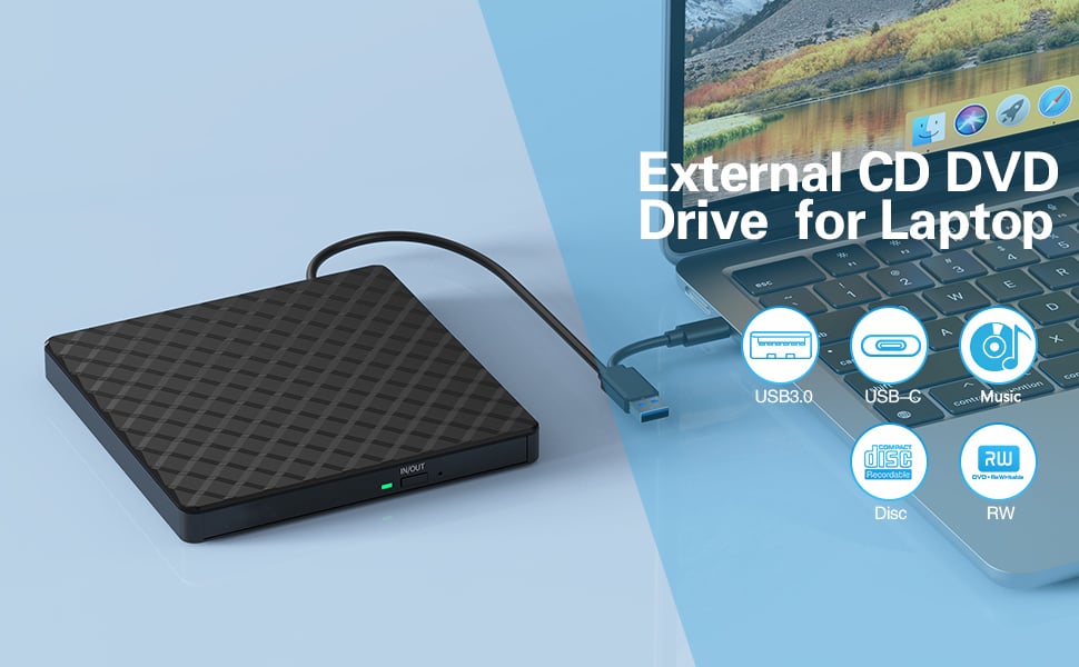 External CD DVD Drive, USB 3.0 Type-C Portable CD DVD +/-Rw Drive Reader