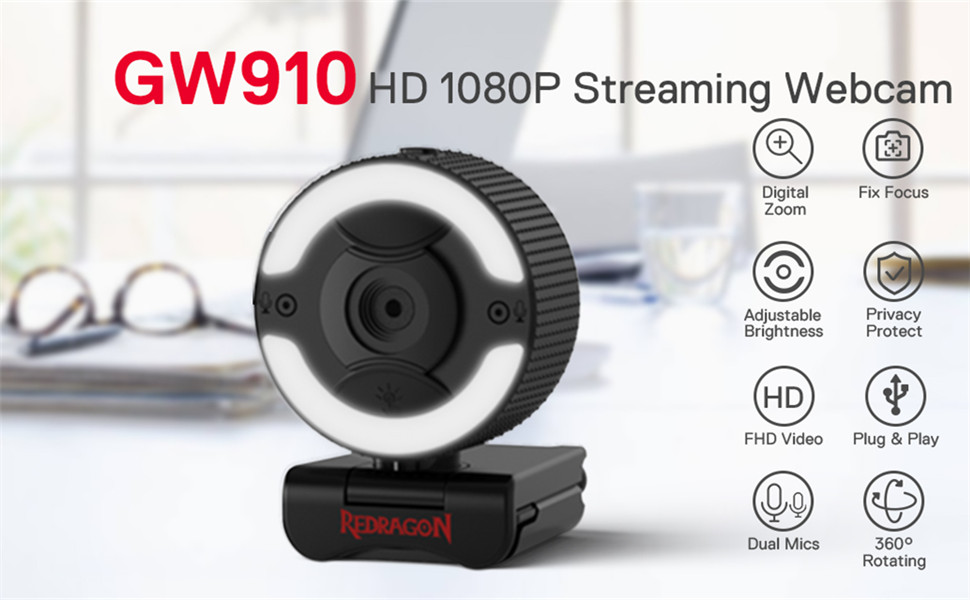 Redragon GW910 1080P PC Webcam w/Dual Microphone, Adjustable Ring