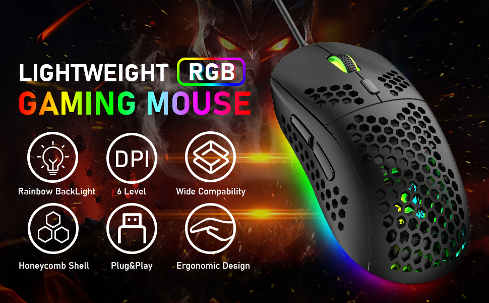 TROPRO Programmable RGB Gaming Mouse, 6 DPI (1000/1600/2400/3200/4800/6400)  96g Ultra Lightweight Honeycomb Optical LED Wired Mouse with Programmable 6  Keys RGB Marquee Effect Light 