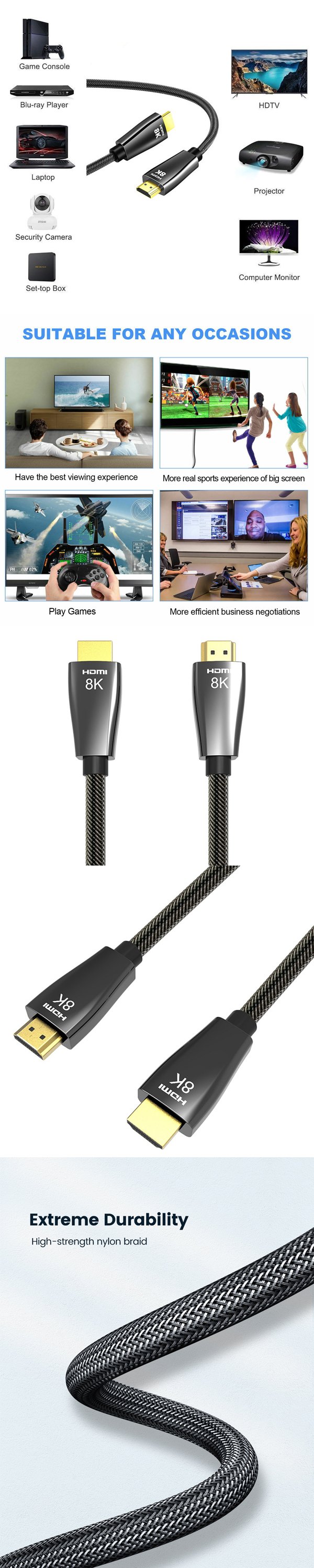HDMI 2.1 8K Cable Pure Copper 2m (6.6ft) Up to 8K @60Hz, 4K@120Hz, 48Gbps,  3D, 100% Copper, HDMI 2.1, HDCP 2.2, HDR, Dolby Vision, ARC, Dolby Atmos