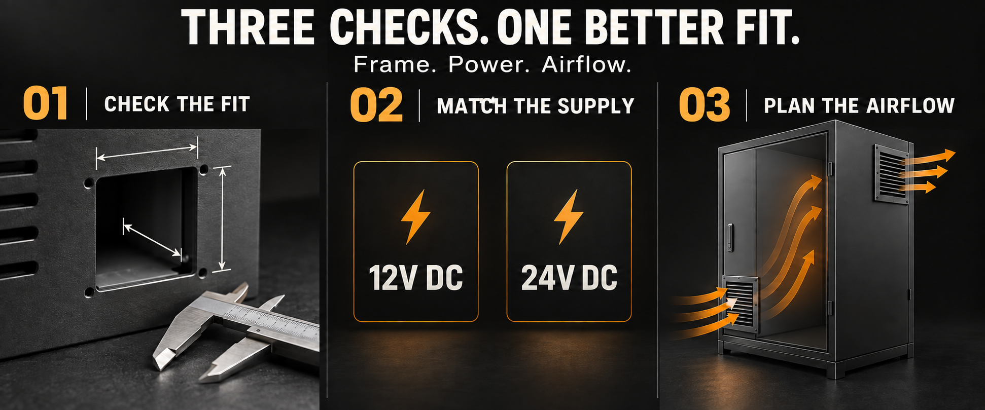 Generic installation selection guide for fit, separate DC supply choices and ventilation planning
