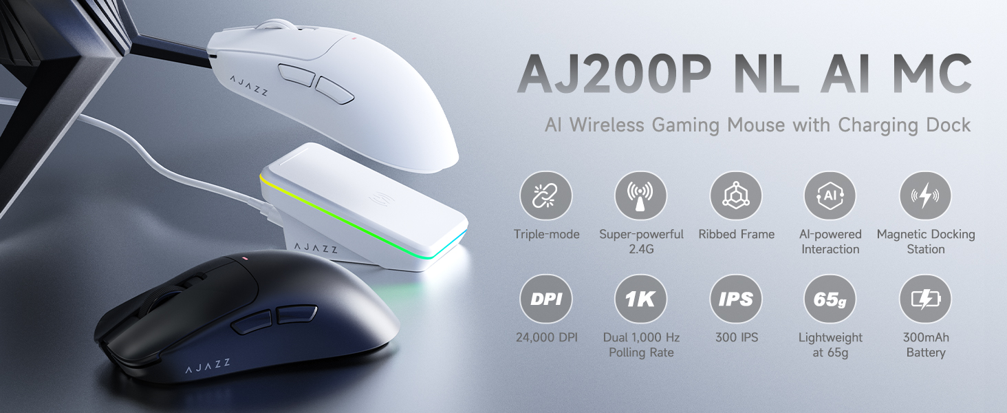 AJ200P Wireless Gaming Mouse, Tri-Mode Bluetooth/2.4G/Wired PC Mouse with Magnetic Charging Dock