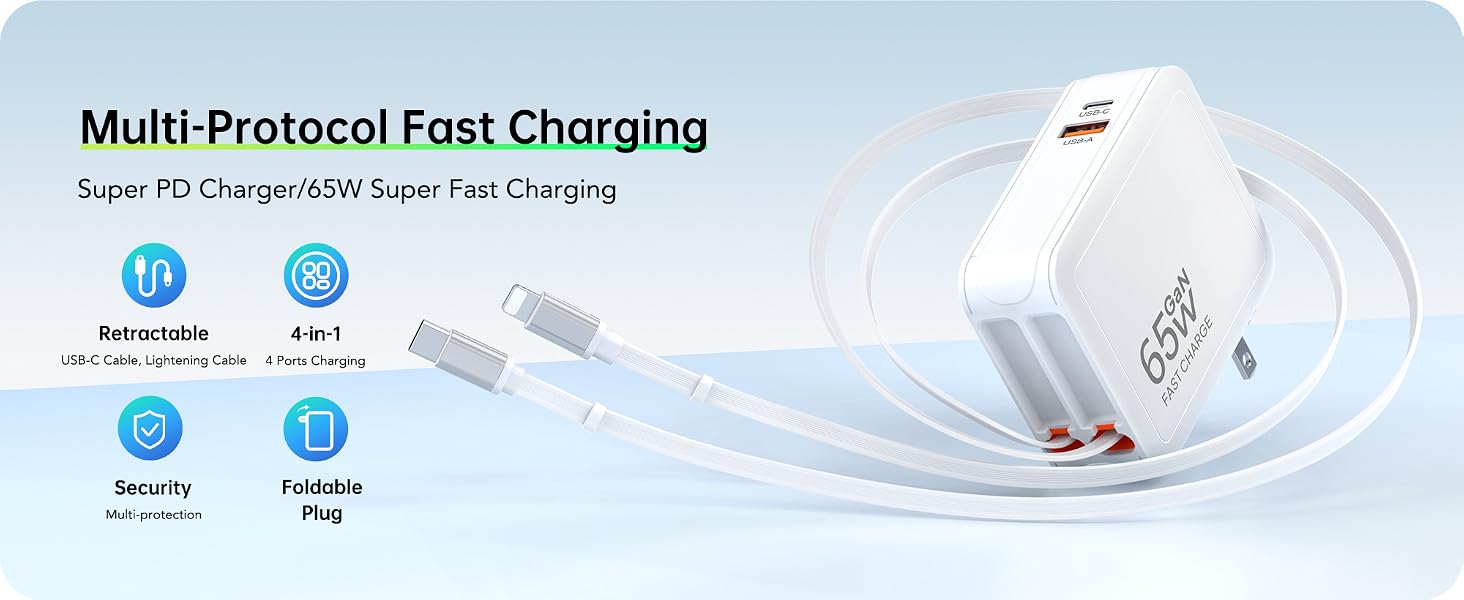 65W Retractable Wall Charger, 4-in-1 Multi Device Foldable Plug Charger with Built-in 2.6FT Lightnin