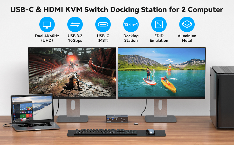 13-in-1 Docking Station Switch for 1 Laptop and 1 Desktop Plug and Play: Easily connect and switch b