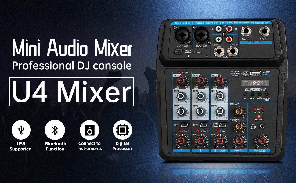 Portable Mini Mixer 4 Channel Audio DJ Console with Sound Card USB 48V  Phantom Power for PC Recording Singing Webcast Party Depusheng M4 Black 