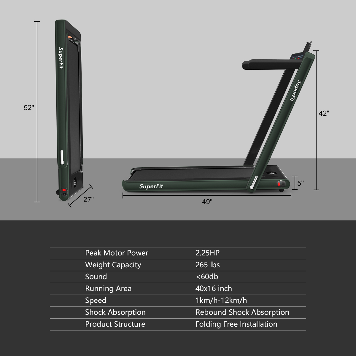 SuperFit Up To 7.5MPH 2.25HP 2 in 1 Dual Display Screen Folding