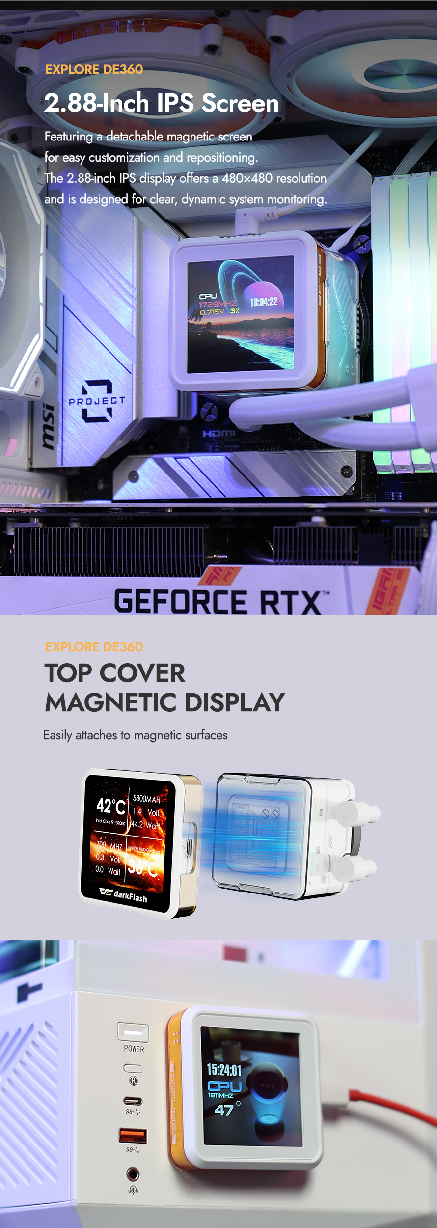 darkFlash DE360 360mm AIO Liquid CPU Cooler 2.88" IPS Display 5V ARGB Lighting Copper Water