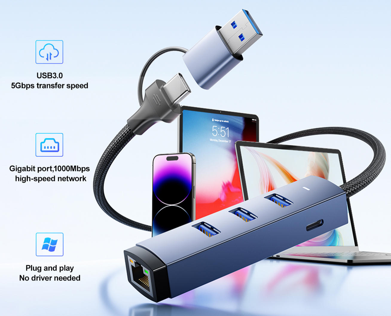 4-in-1 USB 3.0 Hub with Gigabit Ethernet Adapter, Space Gray Aluminum, 3 USB Ports