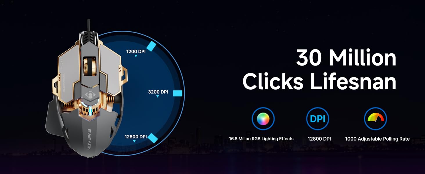 Wired USB Gaming Mouse, Ergonomic RGB Gaming Mice, Computer Mouse, 6 Adjustable DPI up to 12800 dpi