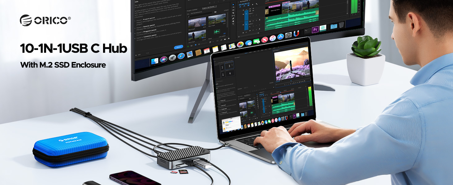 USB C Hub with M.2 SSD Enclosure, New Upgrade ORICO 10-in-1 USB-C Docking Station with Built in fan