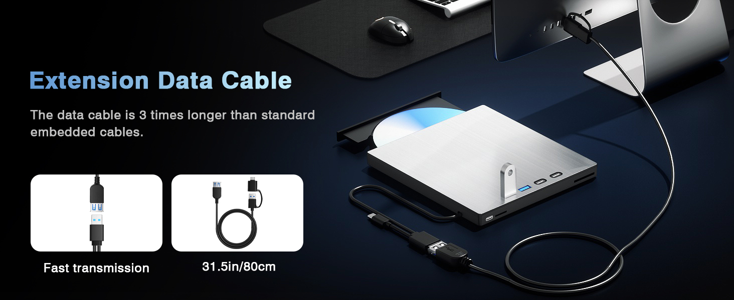 External Blu ray Drive for Laptop, Blu Ray Burner, USB 3.0 Type-C External Bluray DVD Drive