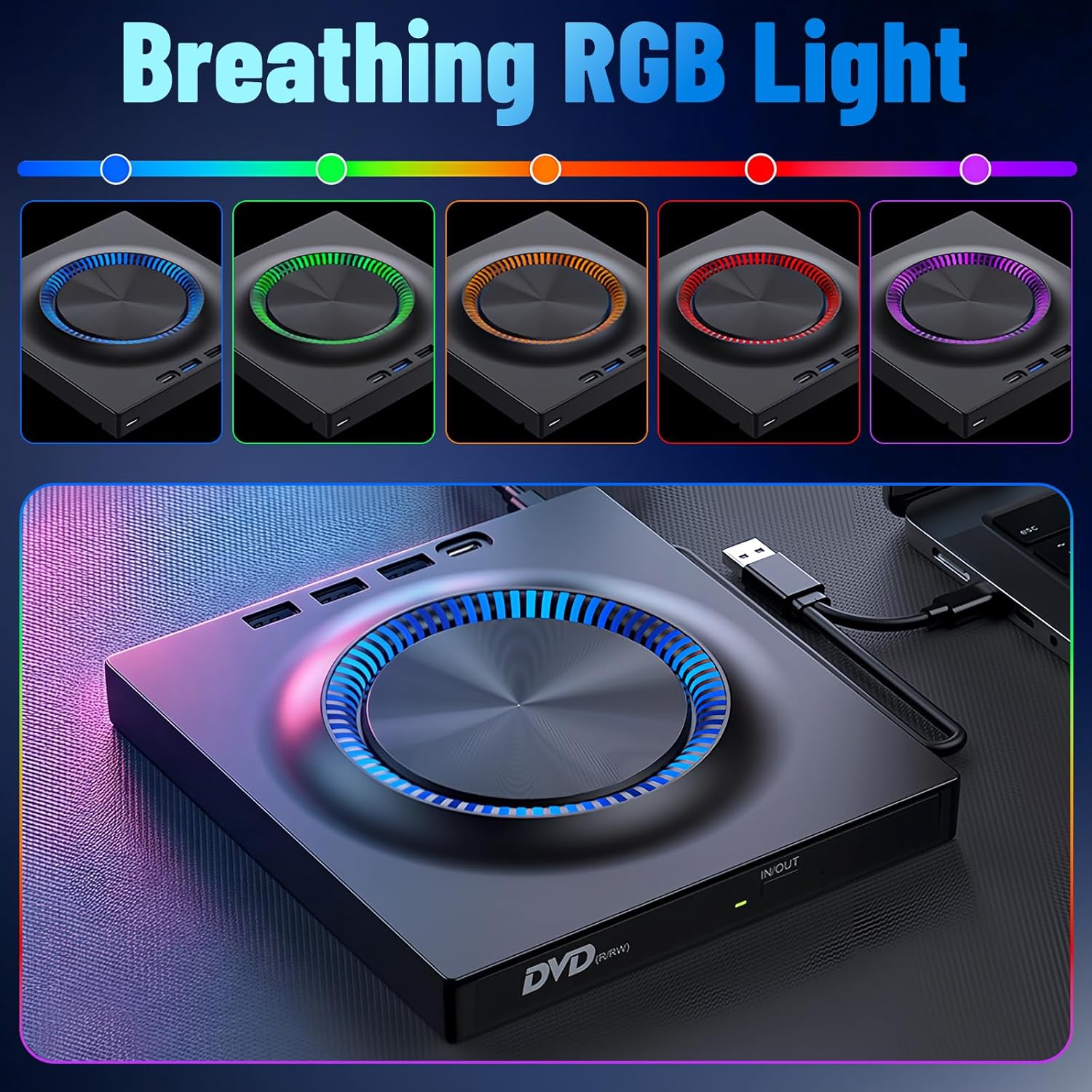 External Blu-ray DVD Drive, 7-in-1 Bluray/DVD/CD Burner With RGB Ambient Light, Portable Ultra-Slim