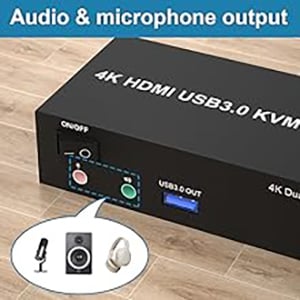 Audio and microphone output Dual monitor KVM comes with a 3.5mm Audio Jack port with a DAC chip insi