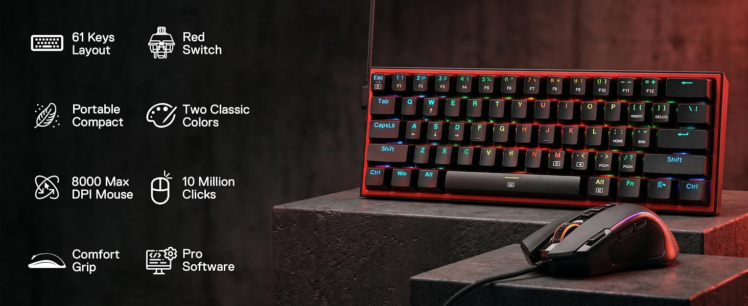 Redragon CB201 Gaming Keyboard & Mouse Combo, 61 Keys K617 Wired RGB Gaming Keyboard and 8000 DPI Wi