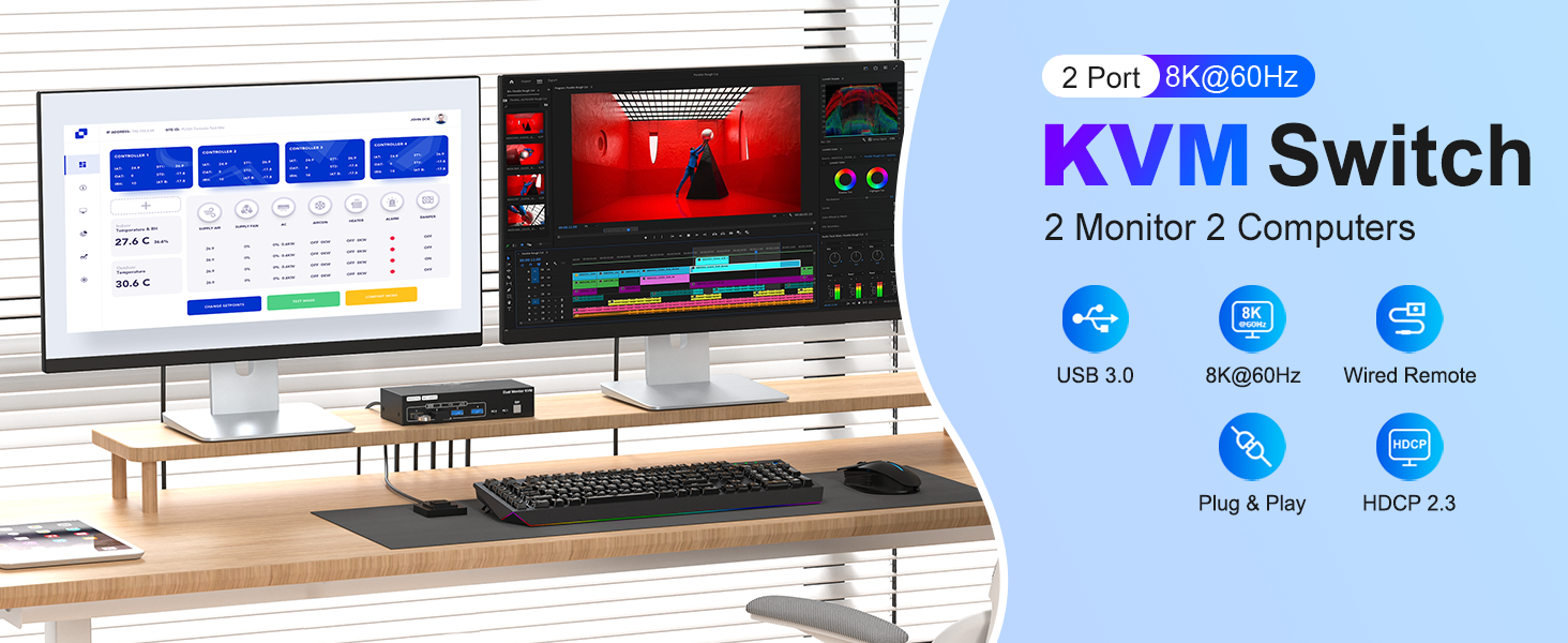 HDMI + Displayport KVM Switch 2 Monitors 2 Computers 8K@60Hz/4K@144Hz with 4 USB 3.0 Ports for 2 PCs