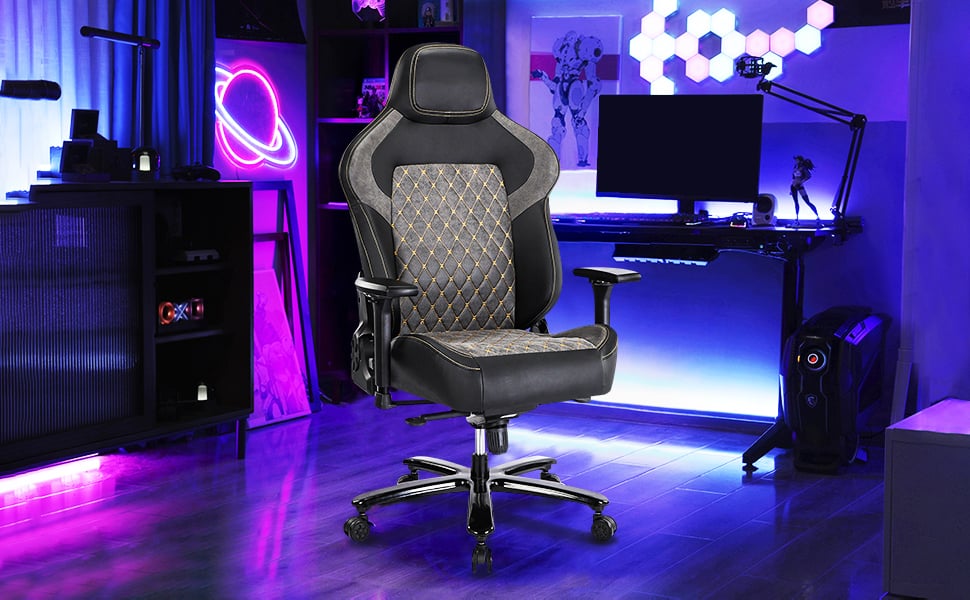 Fantasylab Big and Tall 440lb Memory Foam Gaming Chair With 4D Flip-up  Armrests, Racing Style PU Leather High Back Adjustable Swivel Task Chair  (Black) Grey Black 