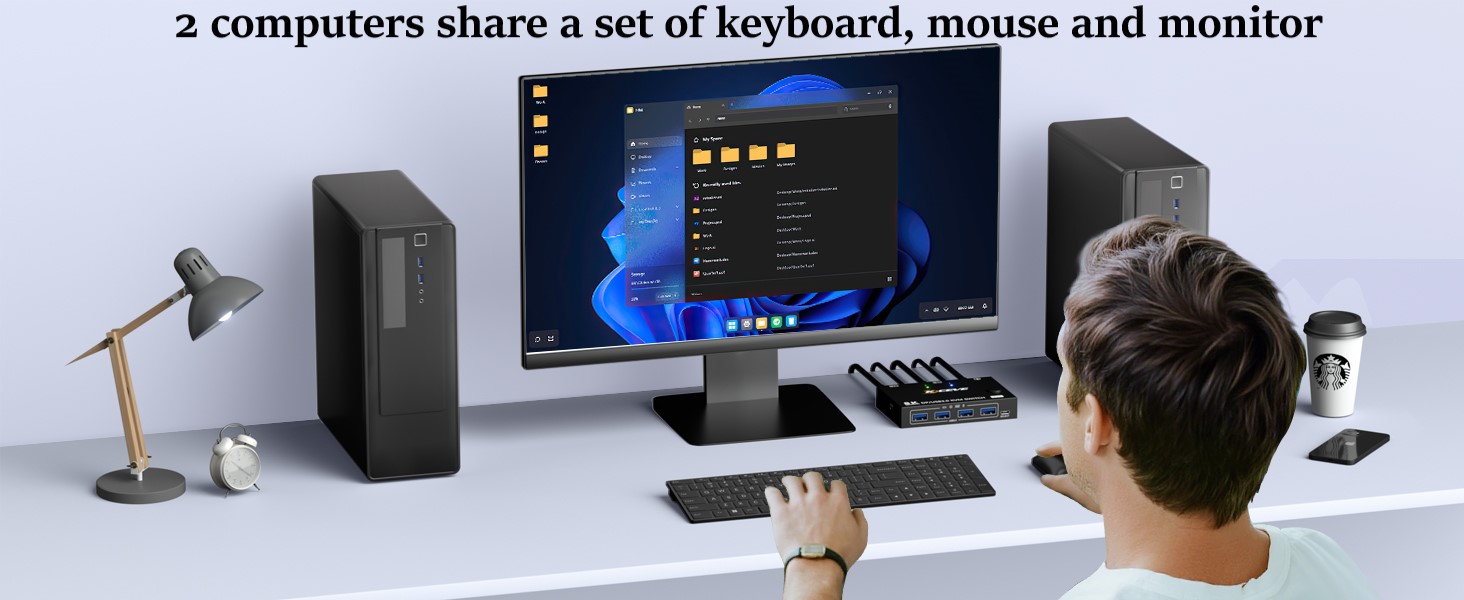 With this DP USB switch, you can switch between 2 desktops or laptops with just one click, sharing 1