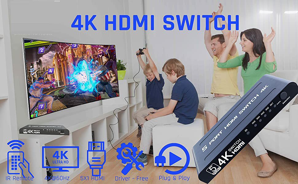 SWITCH HDMI 1.4, 5 ENTREES / 1 SORTIE, UHD 4K, 3D, REMOTE