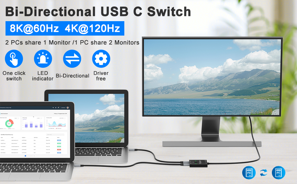 USB-C Switch/Spliiter with 8K Video Display, 100W PD Charging and 10Gbps Transfer