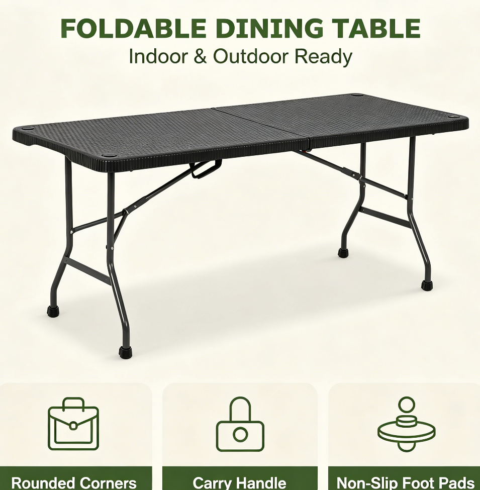 6ft folding table, rattan textured tabletop, portable foldable dining table, indoor outdoor table, h